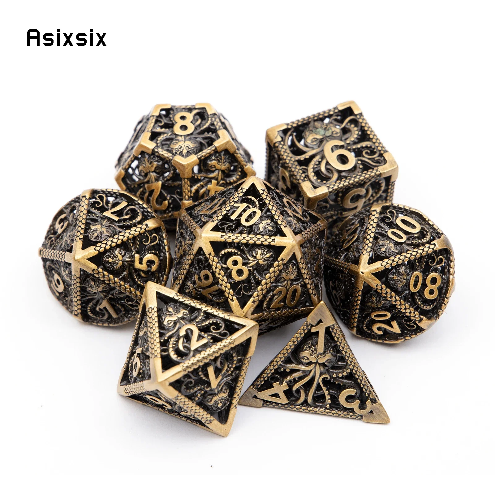 

7 Pcs Coppery Squid Metal Dice Hollow Metal Polyhedral Dice Set Suitable for Role-Playing RPG Board Game Card Game