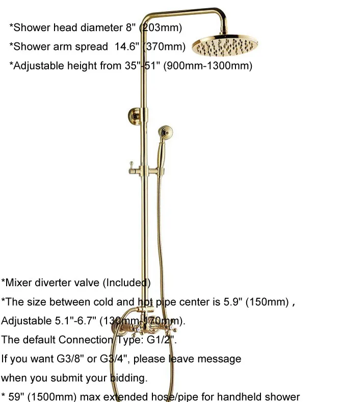 Golden Brass Double Cross Handle Bathroom Faucet Set Wall Mounted Rainfall/Handheld Shower Hot And Cold Taps Kit 2gf322