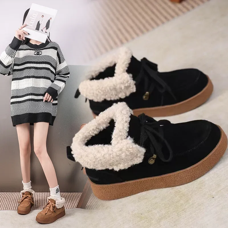 ZR DIARY Leather Snow Boots Women Cow Suede Platform Sole Round Toe Warm Fur Sewing Winter Ladies Shoes Handmade 3220-1