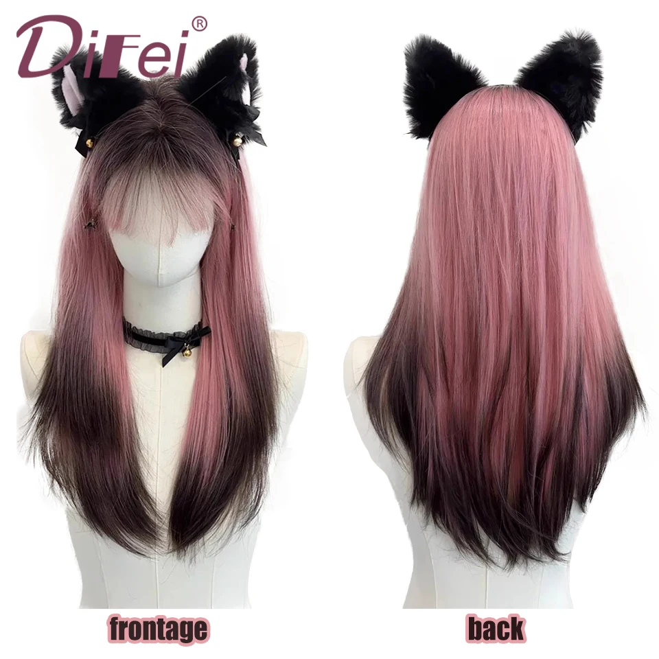 Pink Siamese Cat Gradient Synthetic Wig Female Lolita Gradient Long Hair Collection Gradient New Cos Full Head Cover