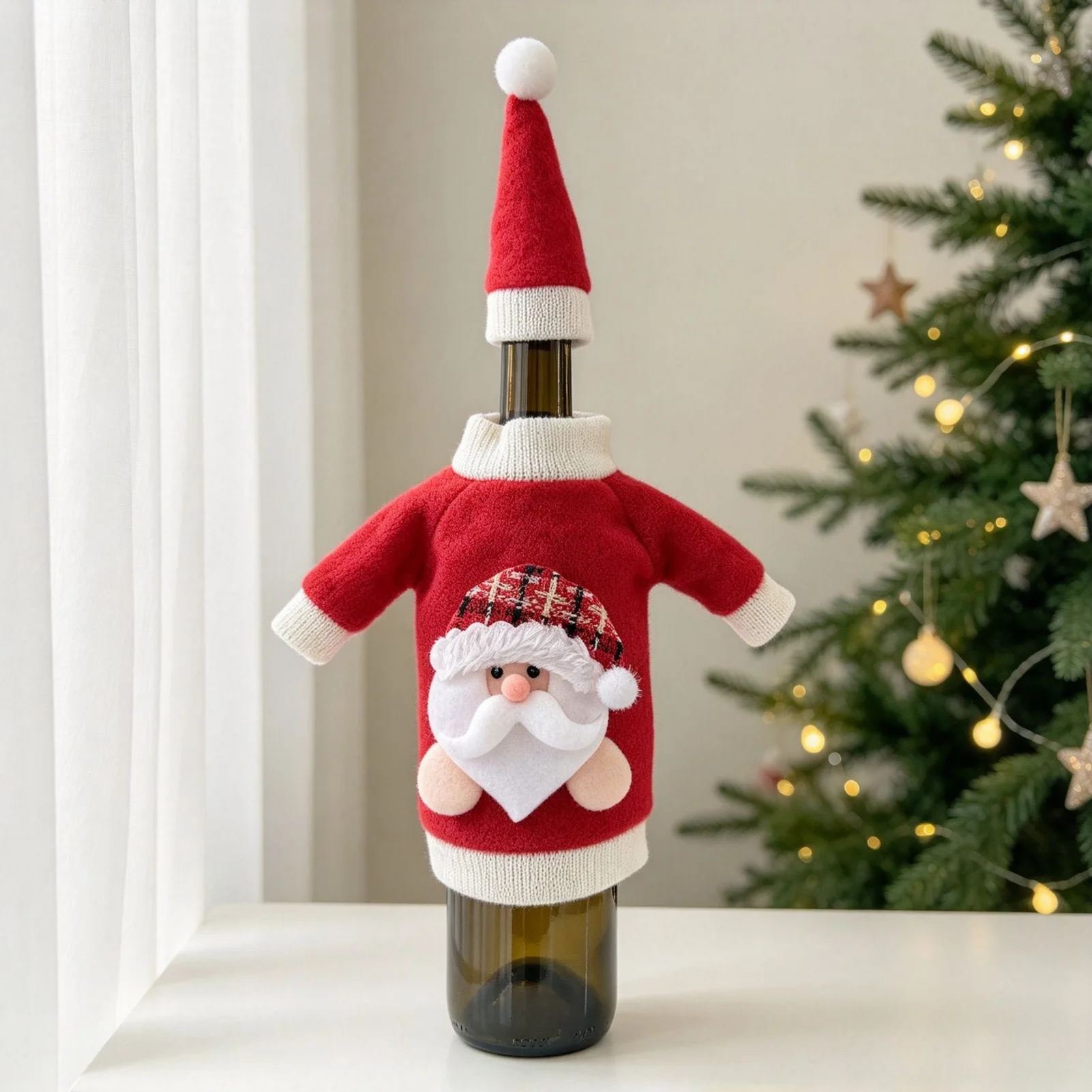 2pcs Wine Bottle Covers 3D Cartoon Festive Christmas Wine Wrap for Holiday Table Decor, Soft Knit Champagne Sleeve Set