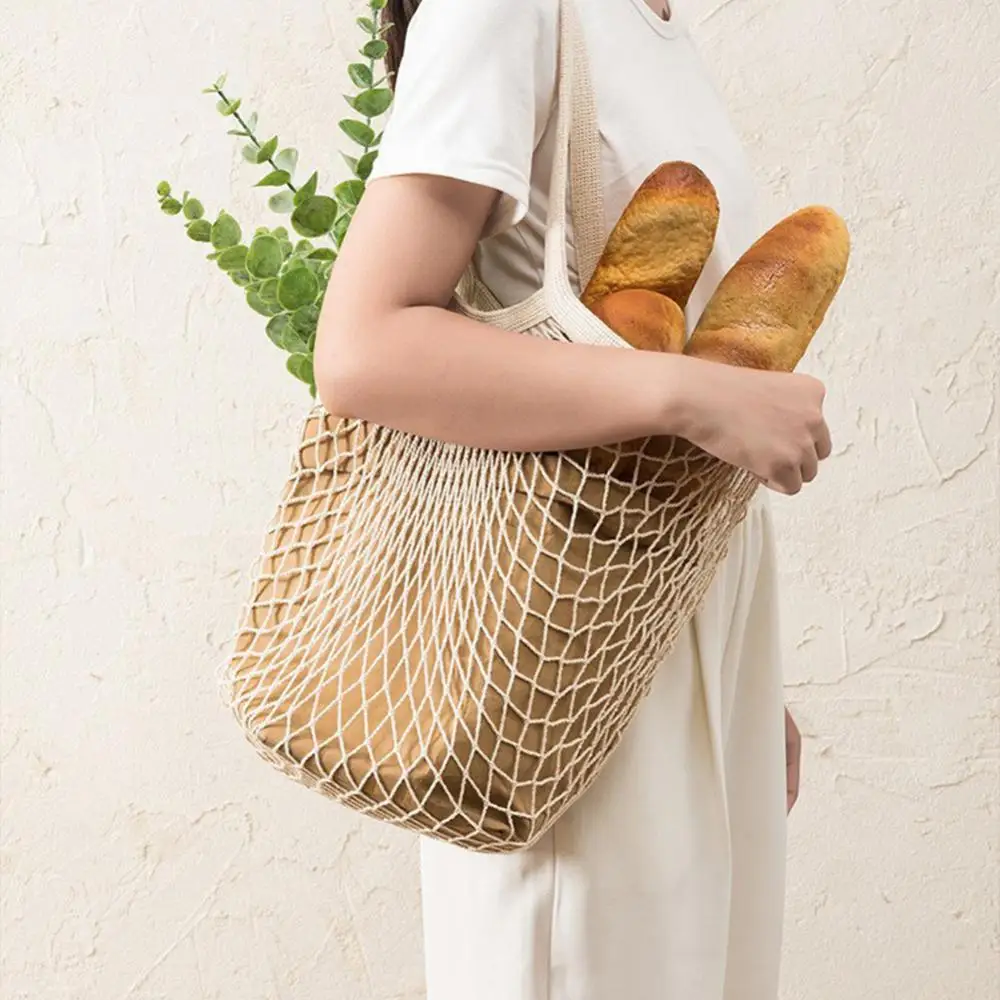 Cotton Net Pocket Portable Cotton Net Bag Friut Bag Grocery Bags Short Handle Net Tote Canvas Mesh Net Bag Long Bolsas De Compra