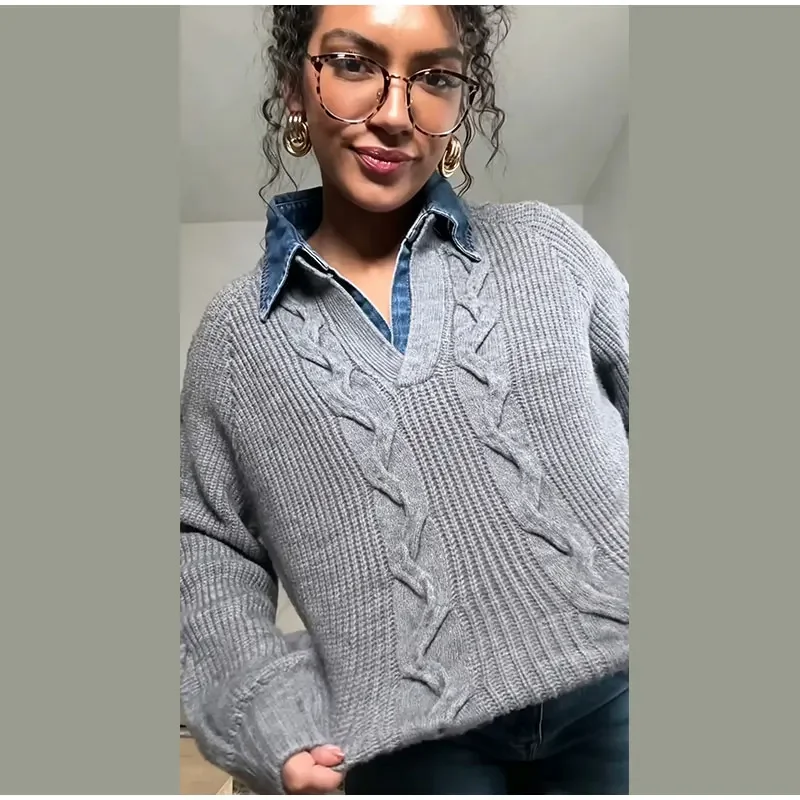 Gedrehter Revers-Kragen Denim-Patchwork Strickpullover für Damen, Streetwear Langarm Locker Sitzende Strickwaren, Schicke Damen-Oberbekleidung Neu – Detail 6
