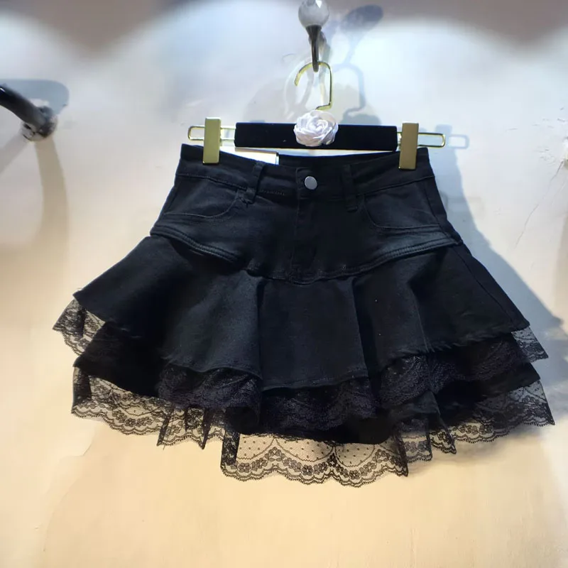 

European Mini Denim Skirt, 2025 Summer New Splicing Lace High Waist Thin Elastic Ruffle Edge Short Denim Skirts for Women