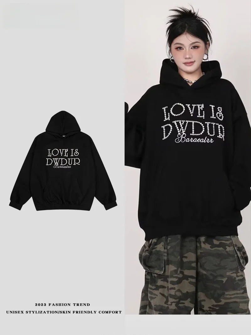 

Американский ретро-худи в стиле High Street с буквенным принтом и жемчугом, свободный крой, уличная мода, утепленная верхняя одежда для молодежи, зимний теплый вариант