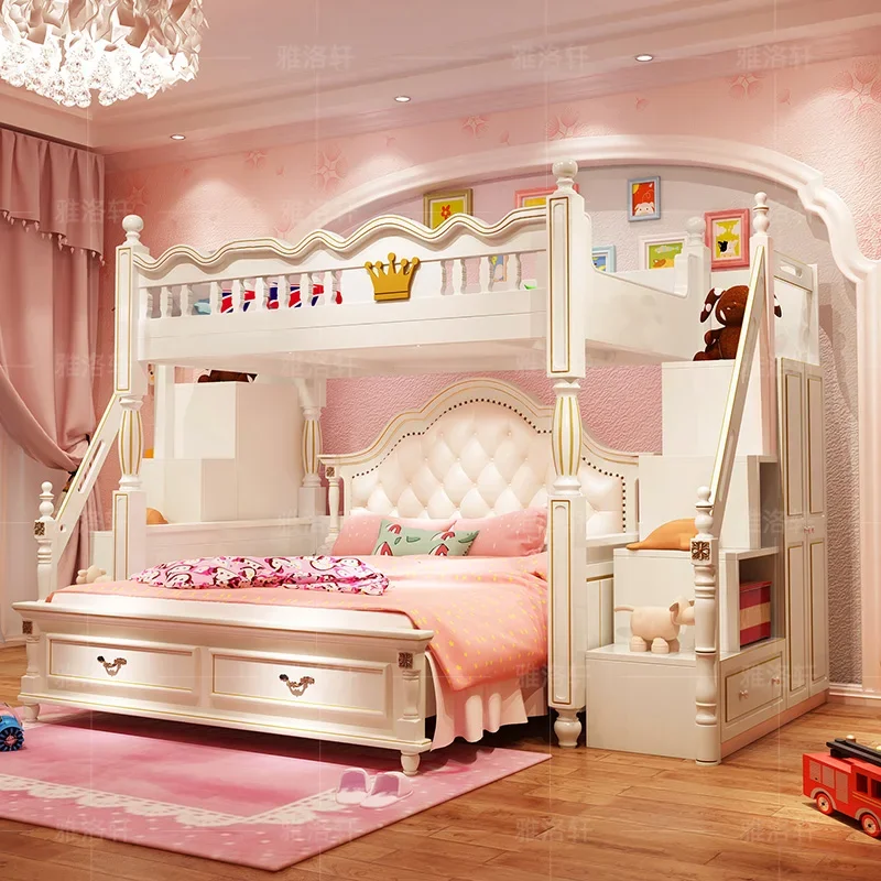 Upper and lower bunk high and low bed with desk wardrobe integrated bed girl princess bed staggered children\'s furniture set com