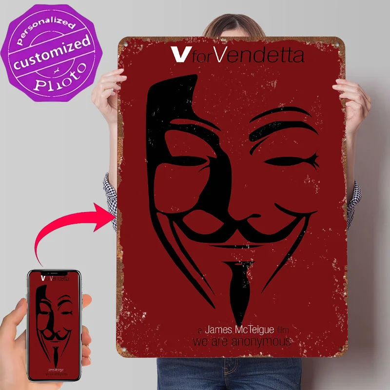 V for Vendetta Mask Tinplate Poster Customized Wall Art Retro Vintage Metal Signs for Fans Desk Decor Room Mancave Decoration