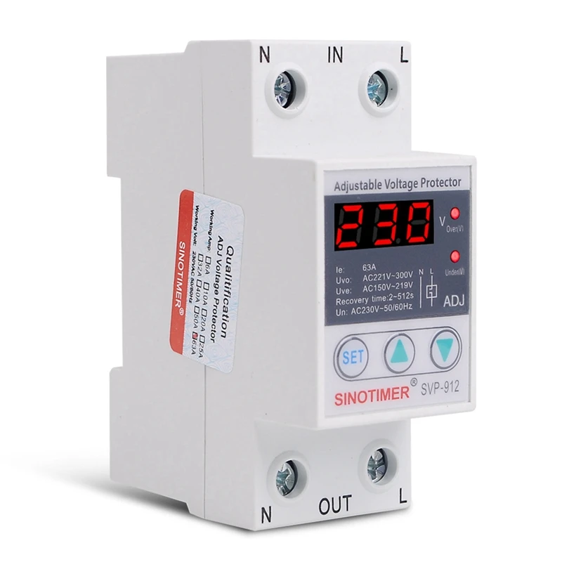 SINOTIMER 230V 50/60Hz Din Rail Adjustable Automatic Recovery Over And Under Voltage Protector Plastic Voltage Protect Relay