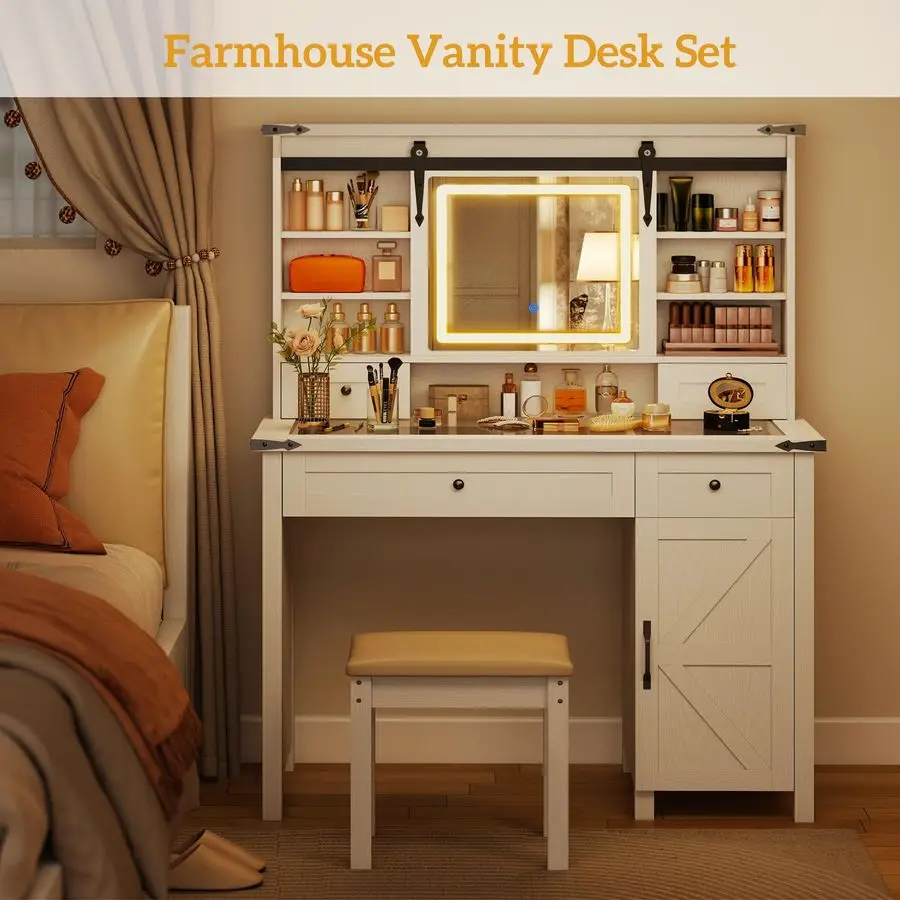 Farmhouse Vanity Desk with Mirror, Rustic Makeup Vanity Table with LED Lights, Cushioned Stool, 42 Inch Glass Tabletop, Drawers