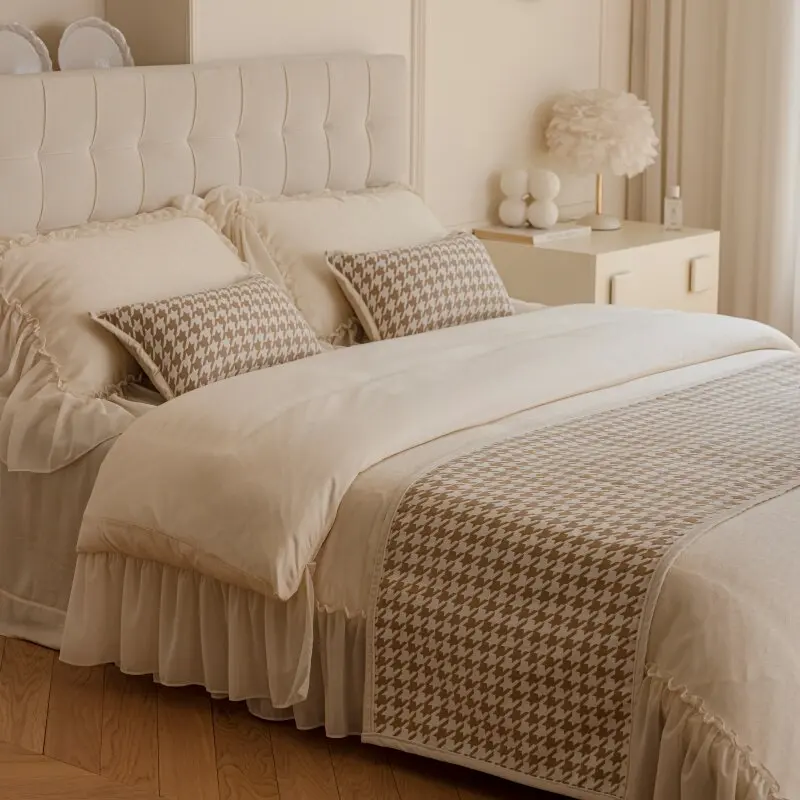 

High-End Premium Houndstooth Jacquard Bed Runner Modern Oatmeal Retro Luxury Bed Cover High Quality Texture Bed End Pillowcase