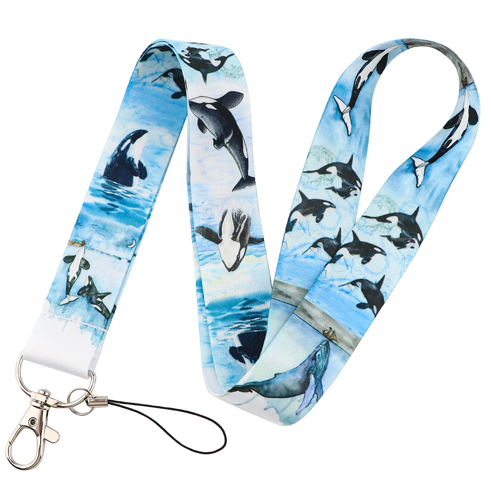 YQ973 Fashion Whales Key Lanyard Phone Strap Keychain Lariat Phone Rope Shark Animals Key Cord ID Credit Card Badge Holder