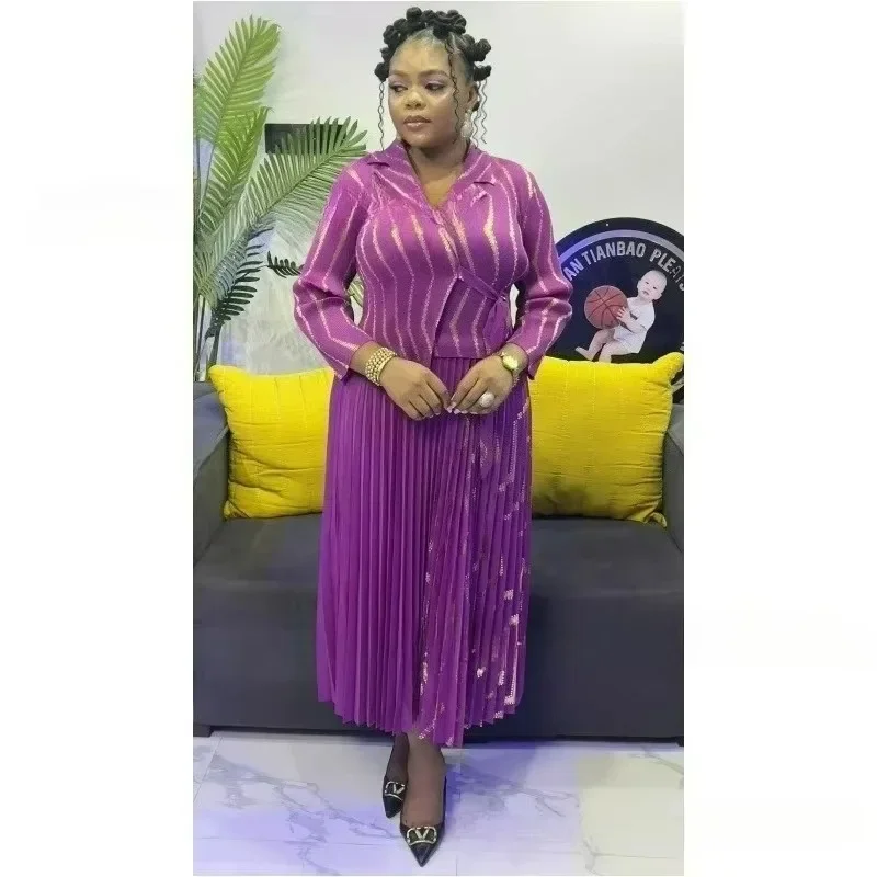 

2025 Summer New Bronzing Striped Dress Pleated Lapel Tie Fashion Temperament Loose Women's Dress Fashion Hot Sales