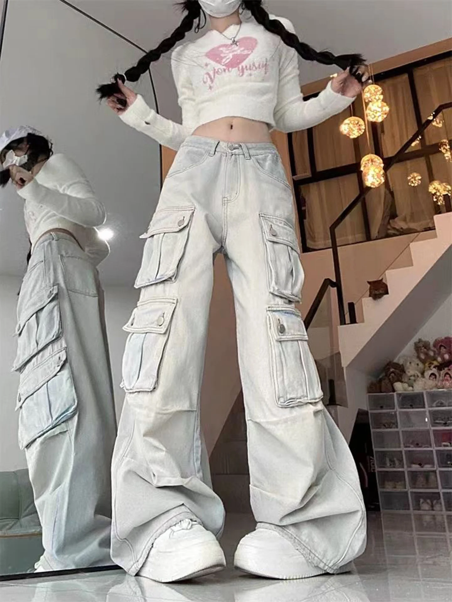 American Style Vintage Light Wash Pocket Workwear Denim Pants Women's Fashion High Waist Loose Slim Straight Wide Leg Floor-L...