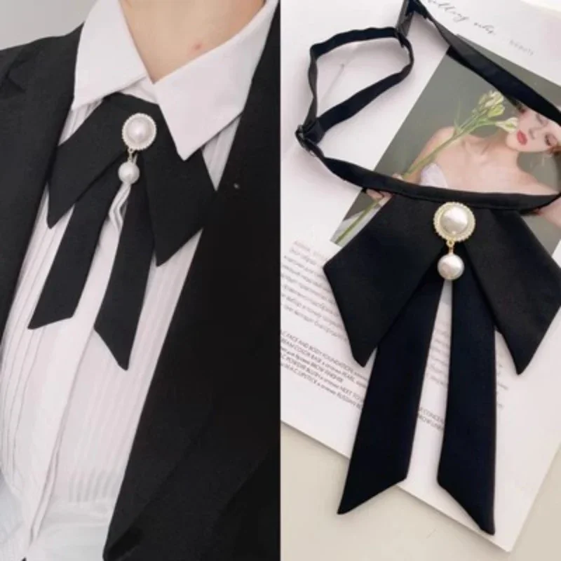 Retro Black Fabric Bow Tie for Women Crystal Flower College Style Shirt Necktie School Uniform Neck Ties Accessories