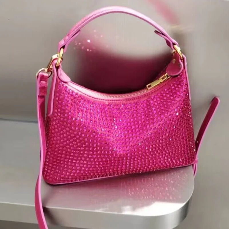 Shiny Rhinestone Hobos Evening Bags For Women Luxury Designer Handbags Purses 2023 New In Fashion Rose Red Shoulder Crossbody