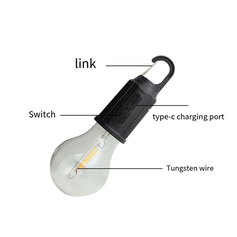 Outdoor LED String Light With Hook 400Mah Type-C USB Bulb 3 Modes Waterproof Camping Lantern Hanging Tent Light