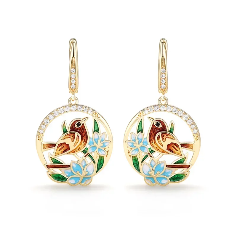 2024  Gold Color Bird Flowers Aesthetic Earrings for Women Colorful Enamel Drop Earrings Wedding Party Special-interest Jewelry