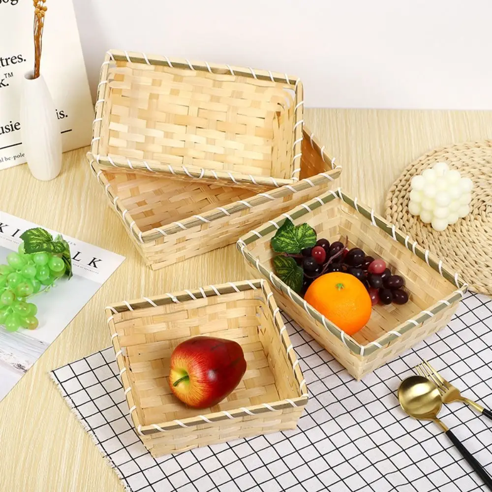 Woven Bamboo Basket Simple Natural Color Rectangle Wicker Bread Basket Handmade Square Bamboo Basket Home Shop Display