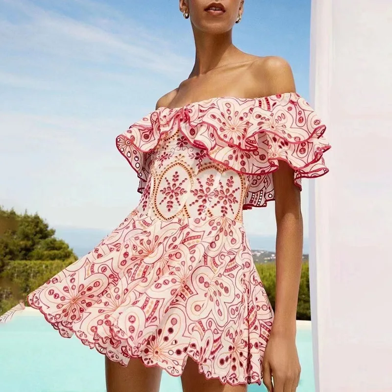 

Woman's Dress Summer High-End Off-Shoulder Ruffle Embroidered Waist Slimming Vacation Style Dress Short Skirt Elegant Beachdress