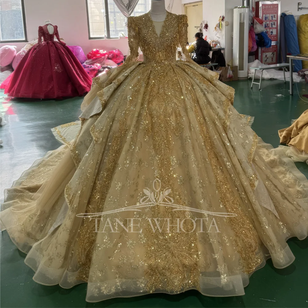 

Customizable Gold Luxury Evening Dress V-Neck Long Sleeve Crystal Beaded Sequined Embroidery Lace Up Keyhole Back