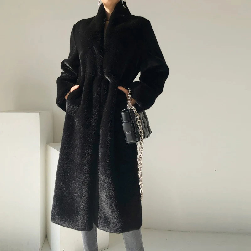 Huayang Mink coat Mid-Length Women Plush Outerwear Stand Collar Winter 2024 New Black Faux Mink Fur