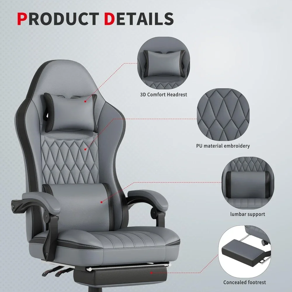 Gaming Chair with Footrest, Ergonomic Computer Chair, PU Breathable Material with Headrest and Lumbar Support, Adults (Grey)