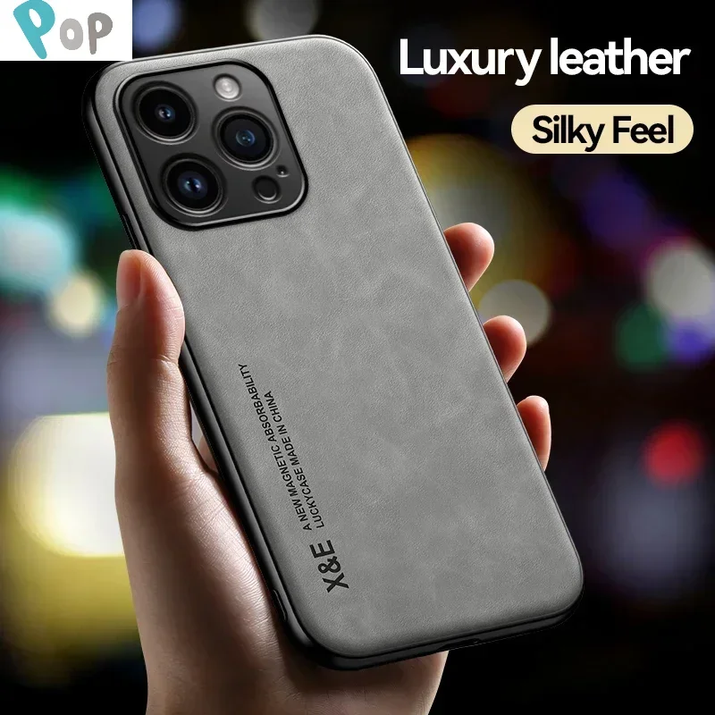 

Luxury Leather Case For iPhone 15 Pro Max Cover With Metal Plate Support Car Hold For iPhone 15 Pro 15Plus case