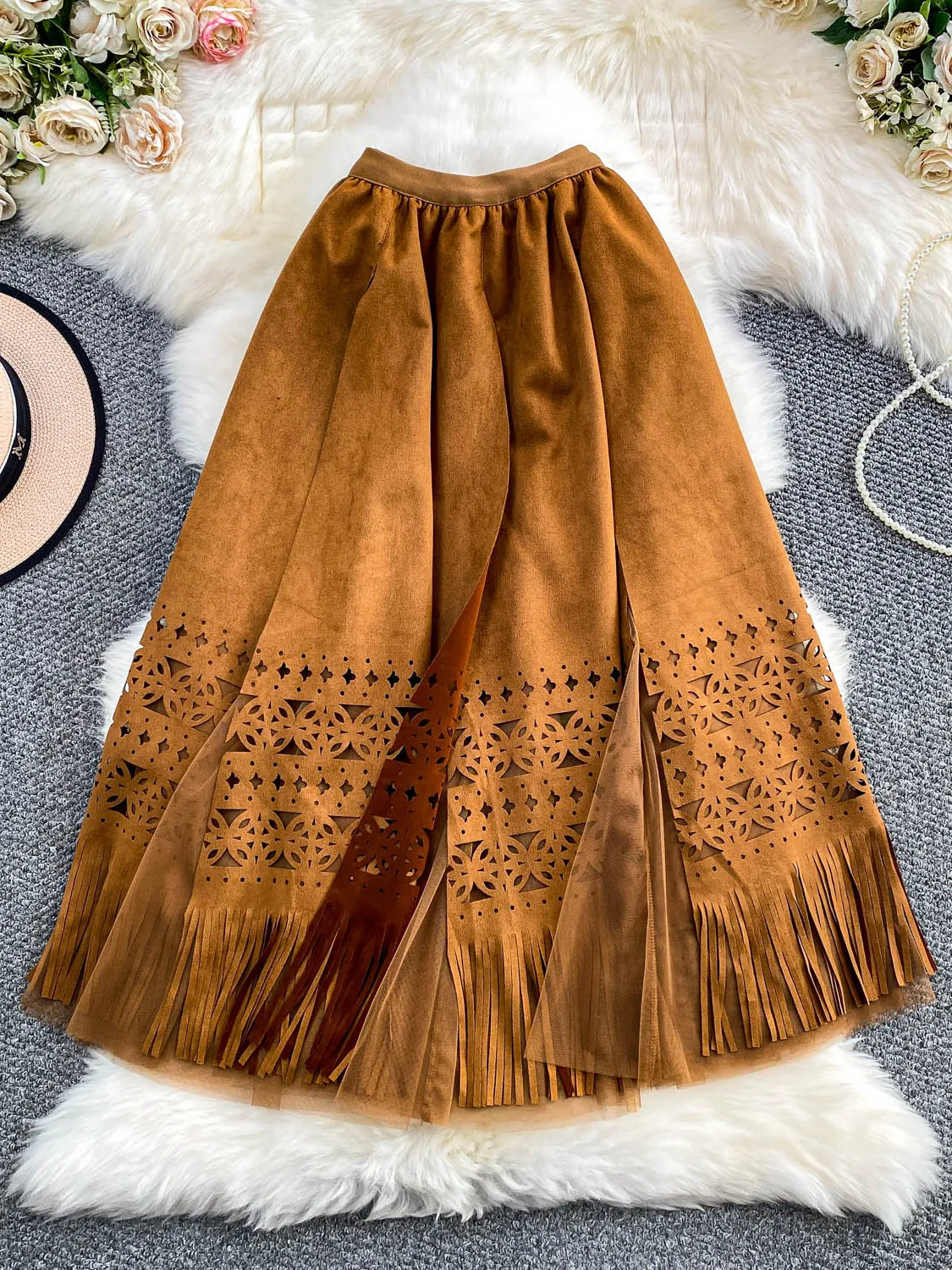 

Retro Heavy Work Lace Trim Deer Skin Velvet f Skirt Women's Autumn Winter High Waist Slimming Me Splice Long Skirt