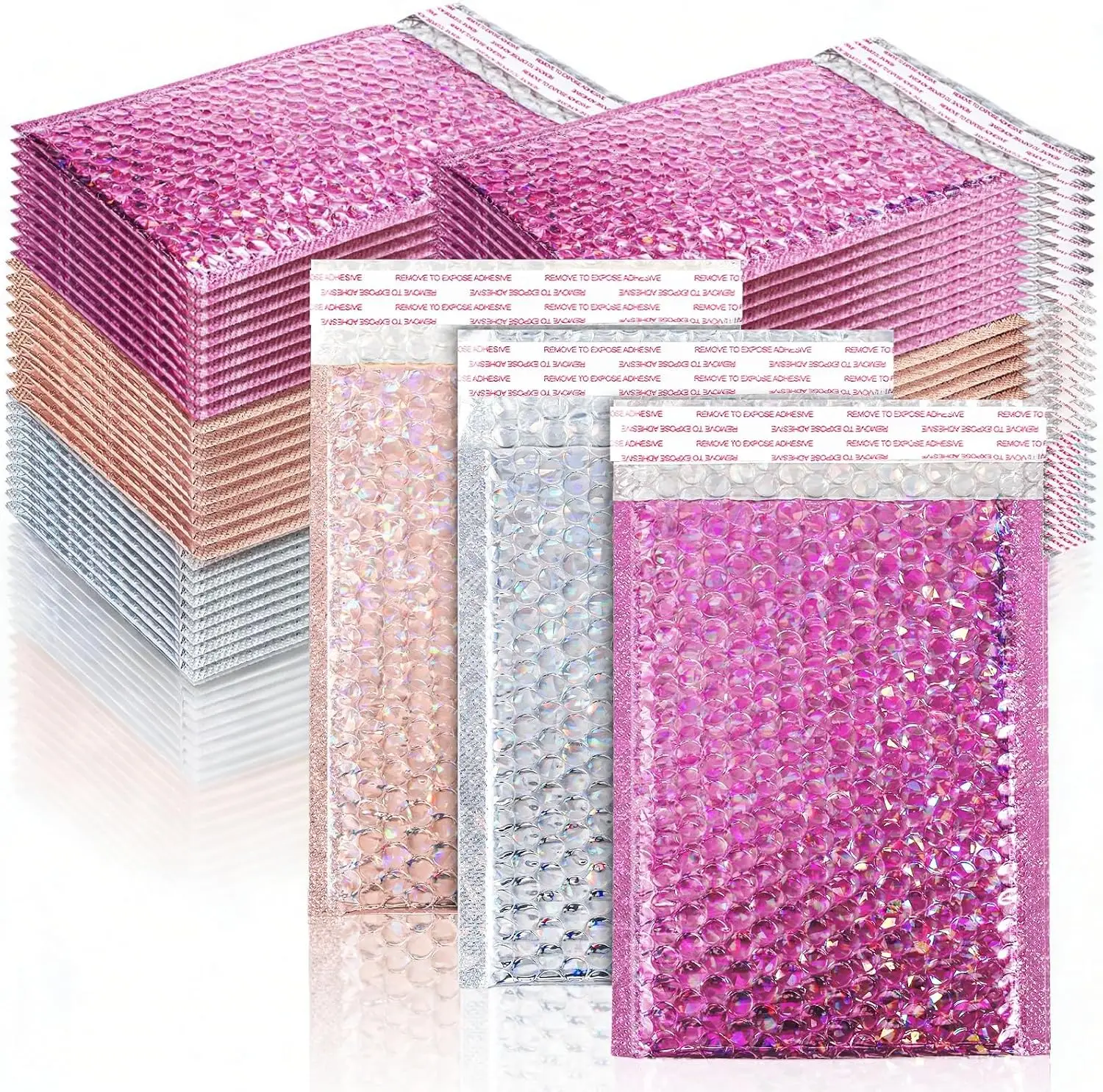 50Pcs Holographic Bubble Mailers, Self‑Seal Shiny Padded Envelopes, Waterproof Shipping Packaging Bags for Small Business Gifts