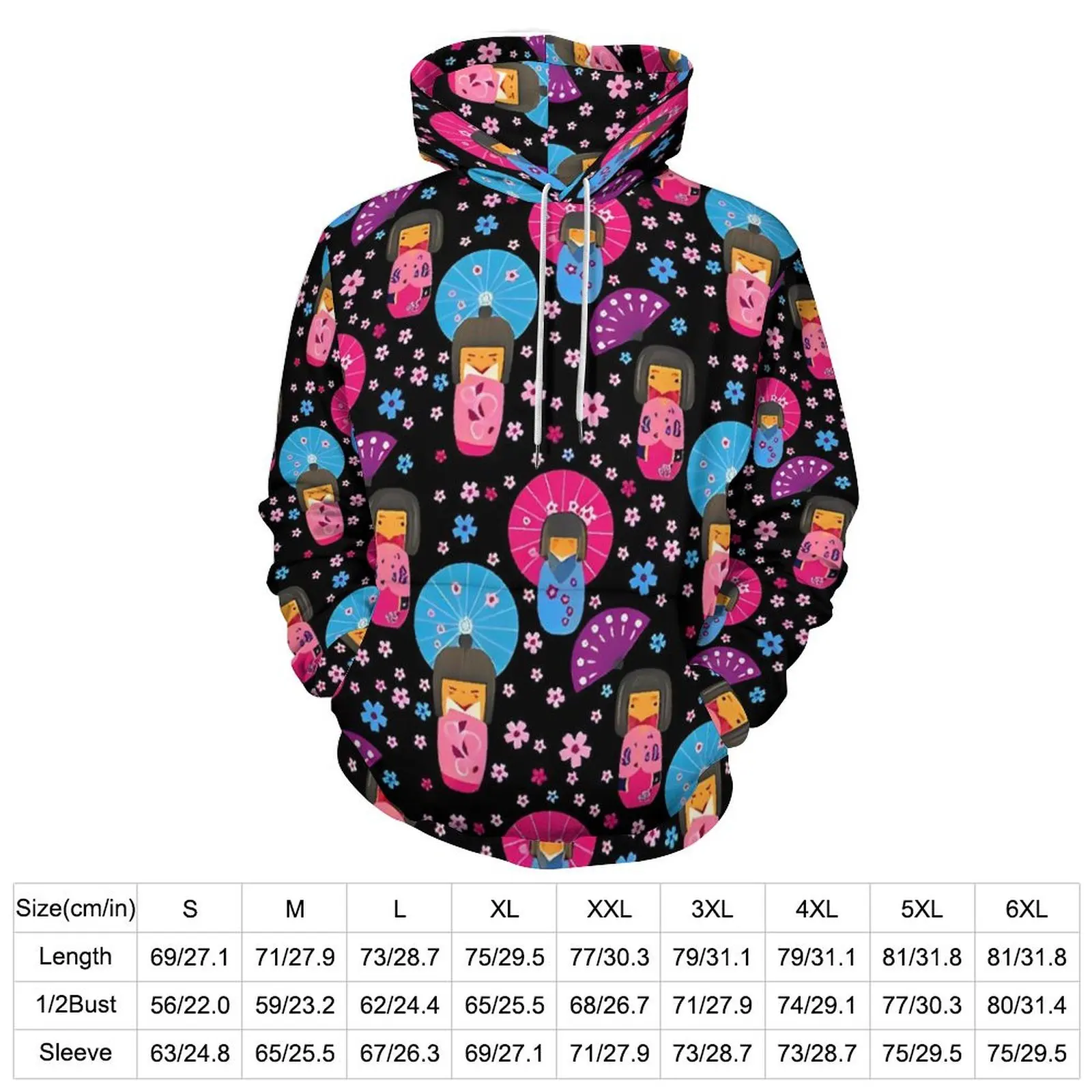 Japanese Dolls Hoodies Kokeshi Pattern Hip Hop Oversized Hoodie Couple Long Sleeve Pretty Design Casual Sweatshirts