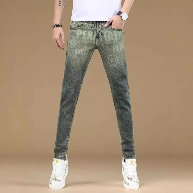 Lente En Zomer Nieuwe Retro Bedrukte Jeans Heren Slim Fit Skinny Stretch High-End Betaalbare Luxe Denim Casual Broek