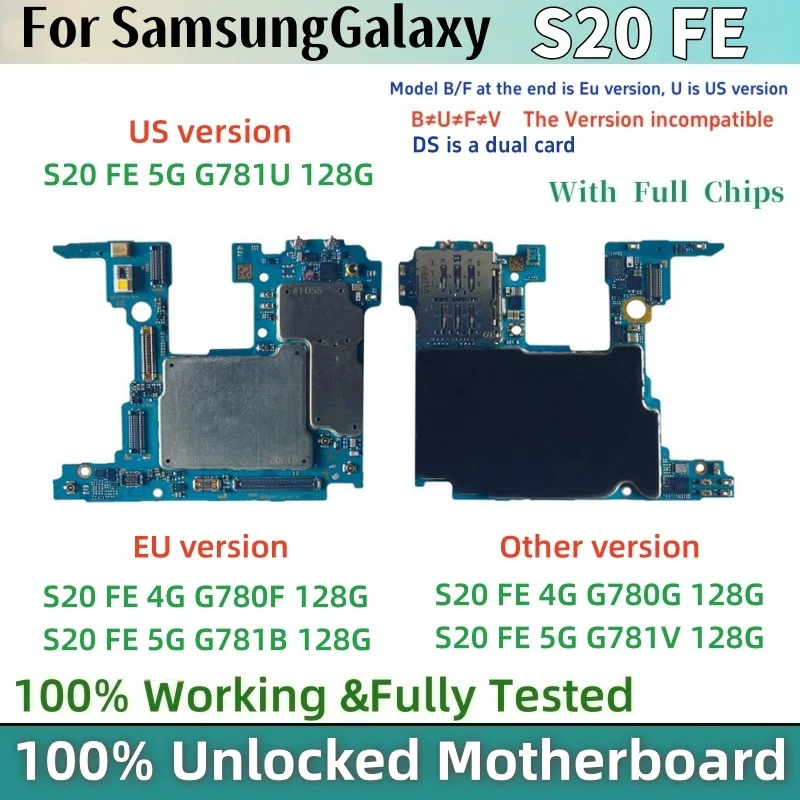 Placa base completamente probada para Samsung Galaxy S20 FE 4G G780F, placa lógica desbloqueada S20FE 5G G781U G781B con placa base de Chips completos