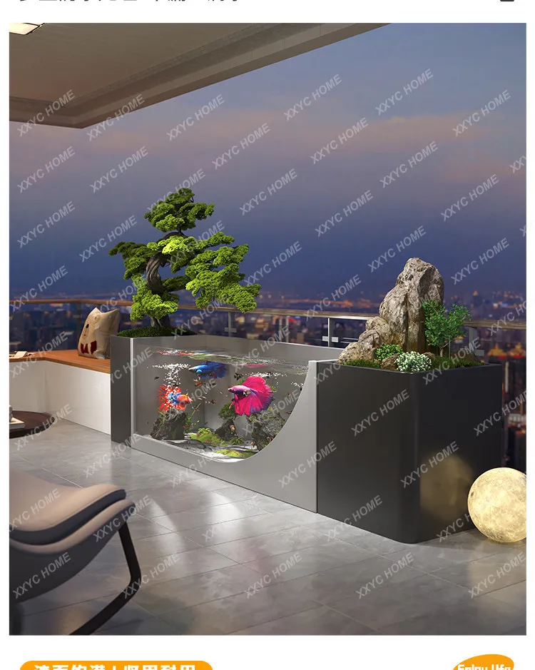 

J Stainless Steel Balcony Fish Pond Flowing Water Landscape Metal Ecological Waterscape Glass Fish Tank Landscaping Ornament Fin