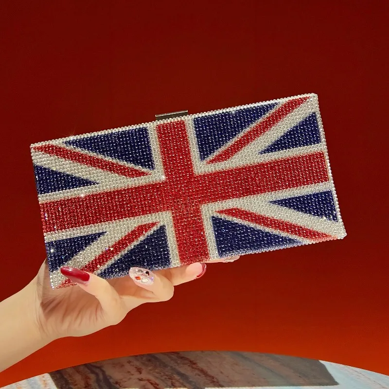 Bling UK Union Jack Flag Crystal Rhinestone Evening Purse Women Party Box Handbag Blingbling One Side Diamond Square Clutch