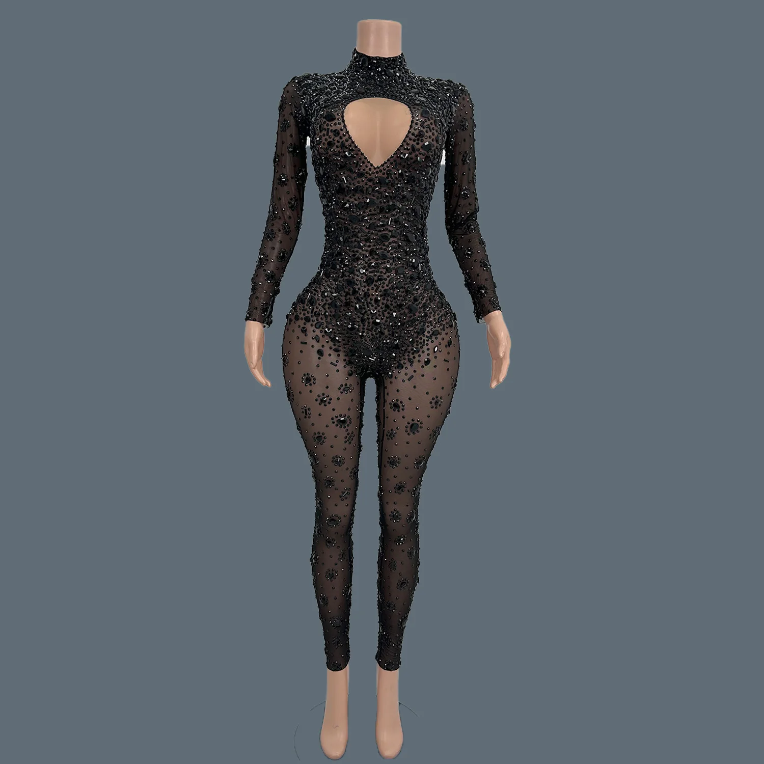 Sparkly Kristallen Sheer Mesh Bodycon Jumpsuit voor Vrouwen Verjaardagsfeestje Show Outfit Zangeres Stage Performance Wear Cuican