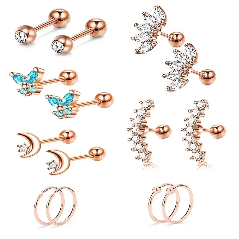 1/7Pairs Stainless Steel Unisex Cartilage Stud Earrings,Inlay Cubic Zirconia Hypoallergenic Piercing Jewelry for Daily Wear