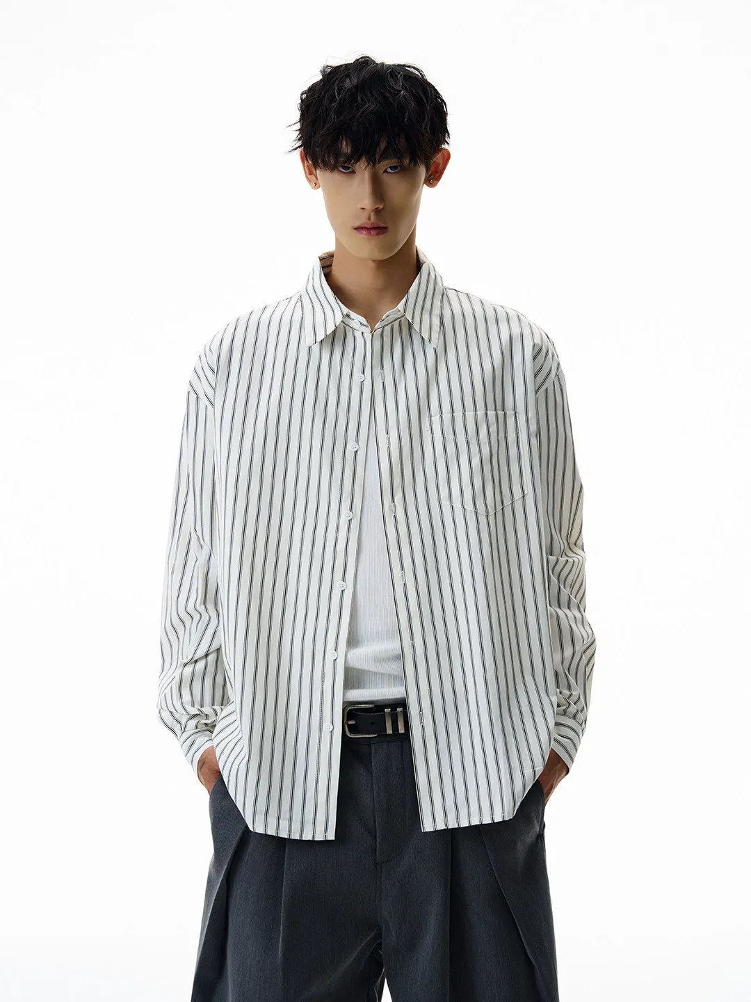 

Ретро-американская рубашка в полоску с длинным рукавом, весенне-осенняя, для повседневной носки, простая, универсальная, модная.