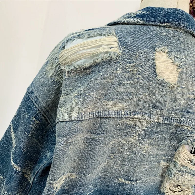 Vintage Blaue Löcher Denim Jacke Mantel Frauen Lose Mid Lange Cowboy Oberbekleidung Frühling Herbst Casual Große Tasche Jeans Jacken Weibliche