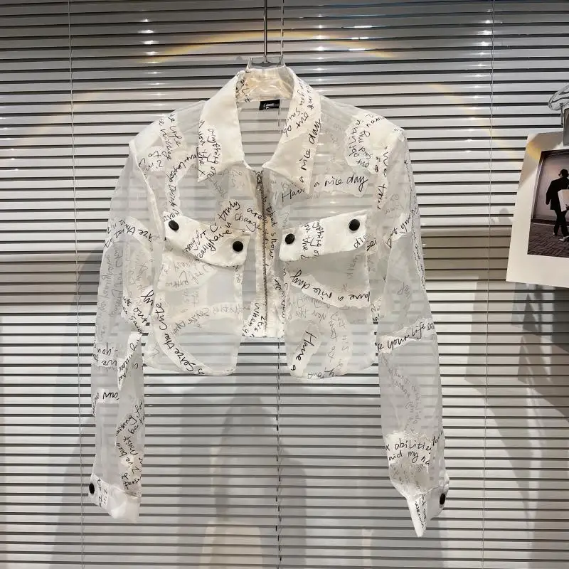 2025 Summer New English Letter Printing Transparent Mesh Sunscreen Shirt Trendy Leisure Unique Design Short Coat Top - view 4