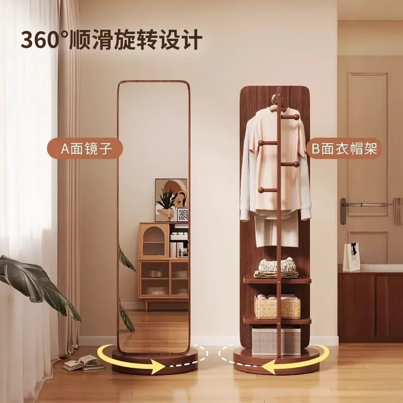 Multifunctional Movable Rotating Full Length Mirror Floor Standing Vertical Body Mirror with Hanger for Cloakroom Bedroom