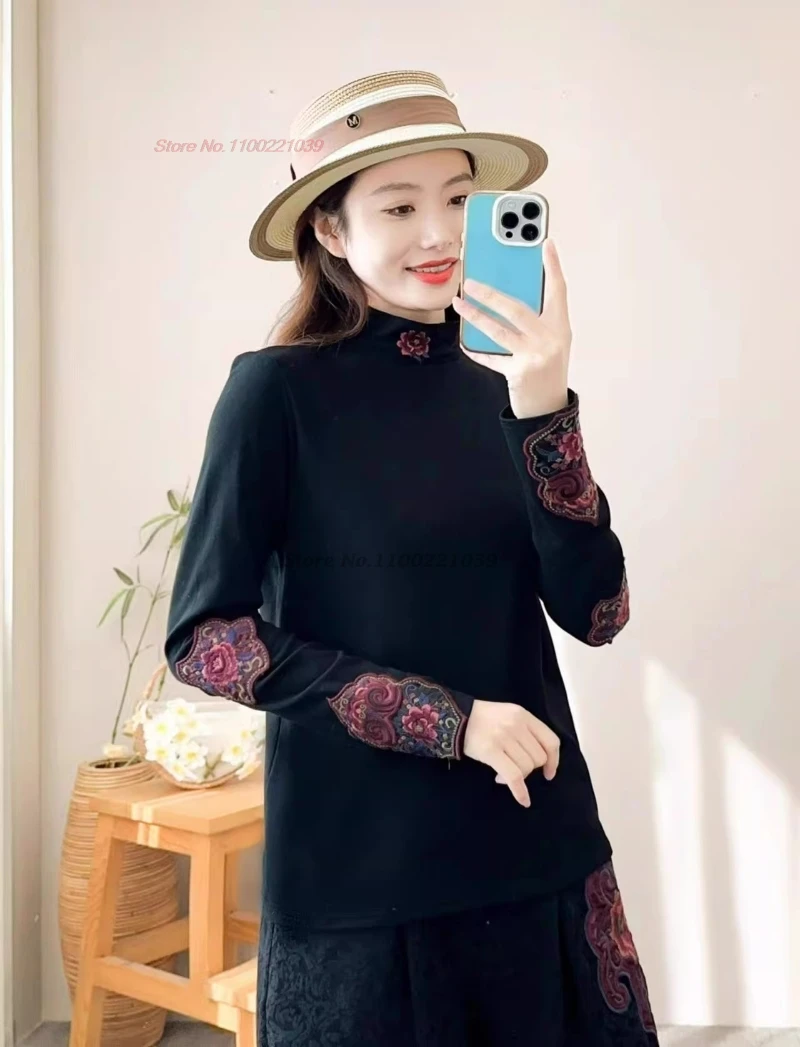 2025 national flower embroidery fleece lined shirt traditional hanfu tops vintage stand collar shirt oriental ethnic base shirt