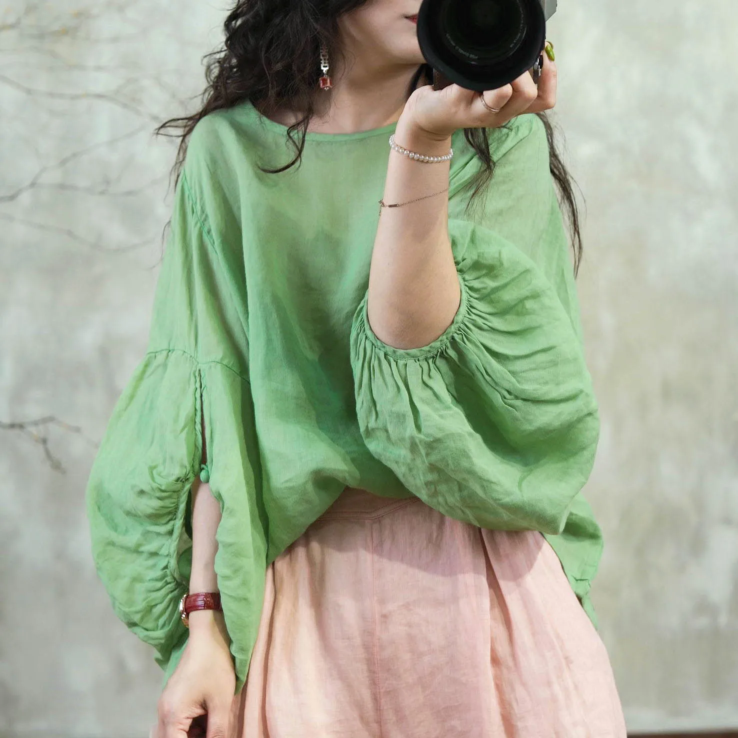 

Sweet Pure Color Lantern Sve Silk irt for plus Size Women Trendy Early Autumn Overhead Top Faionable Versatile