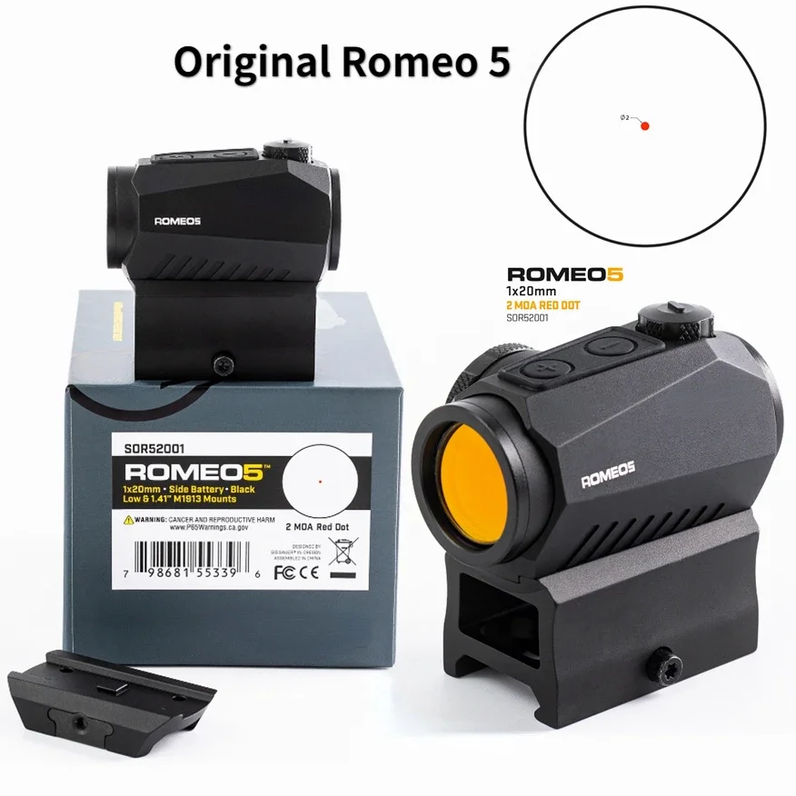 

Оригинальный красный точечный прицел Romeo 5 1x20 мм 5,56, тактическое охотничье ружье, водонепроницаемая противотуманная сетка 2 MOA для рельса 20 мм