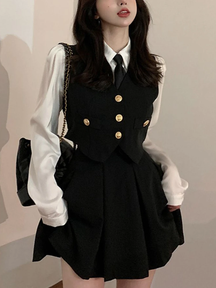 School Style Vest Shirt Three Piece Set Female Autumn Sexy Button Design Street Uniform Set Women Y2k Korea Fashion Simple Suit