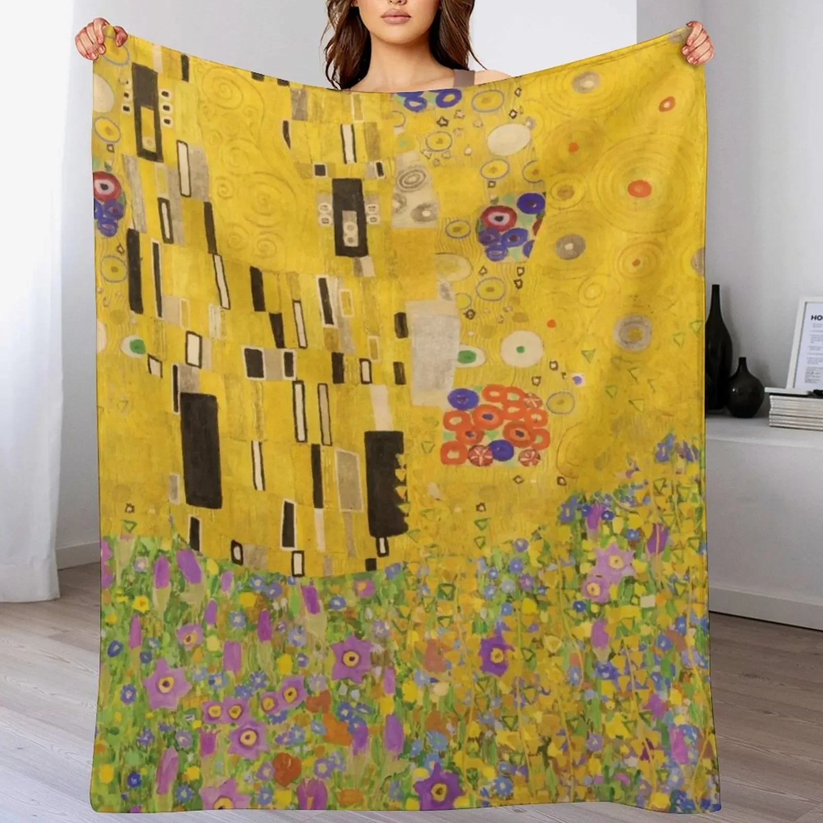 Gustav Klimt - The Kiss Flowers Throw Blanket Shaggy Furry Soft Blanket for Bedroom Living Room