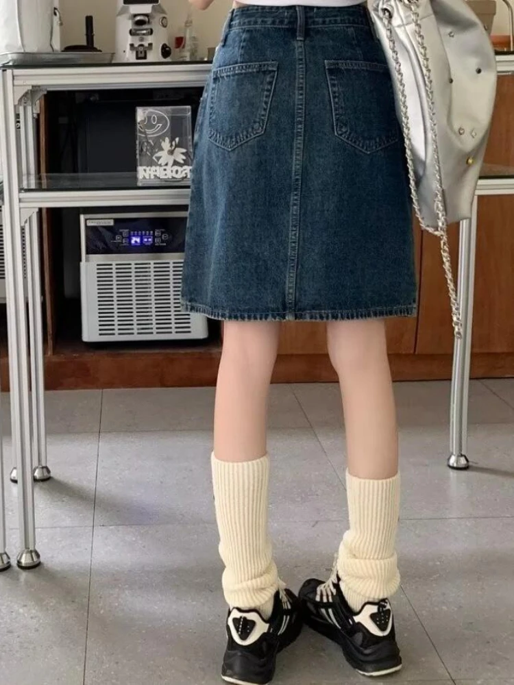 Denim Skirts Women Summer Vintage High Waist Casual A-line Knee-length Simple Fashion Slim Bleached Fit Elegant Streetwear Basic