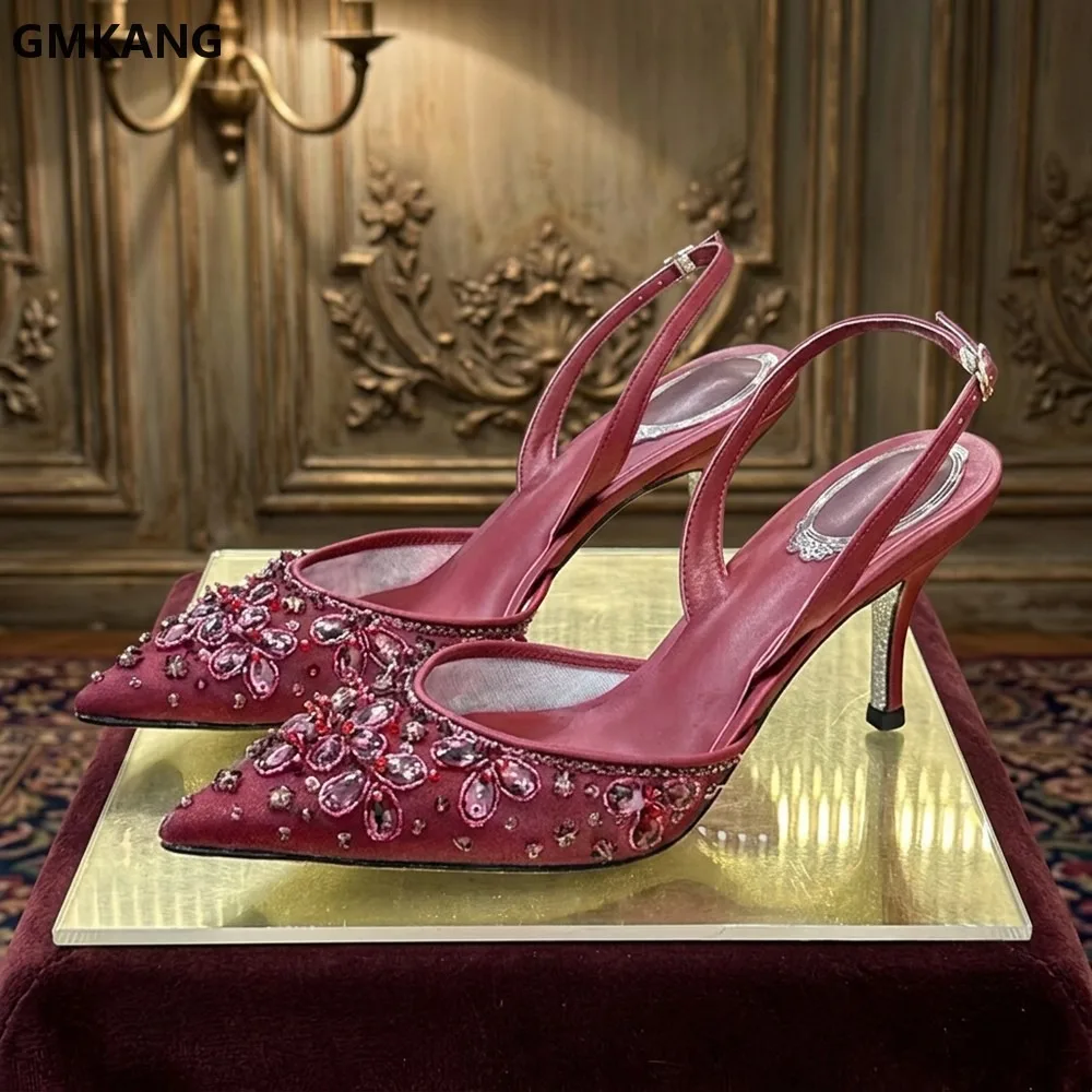 Sexy Pointed Toe Slingback Women Pumps Rhinestone High Heels Stiletto Wedding Dress Shoes Summer Crystal Sandals