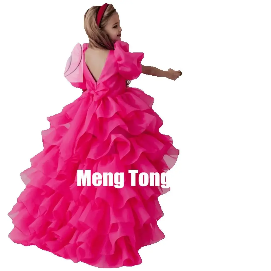 Personalizzazione Abiti da ragazza di fiore rosa rosa Solido a strati con fiocco e coda Manica corta per banchetti di feste di compleanno di nozze