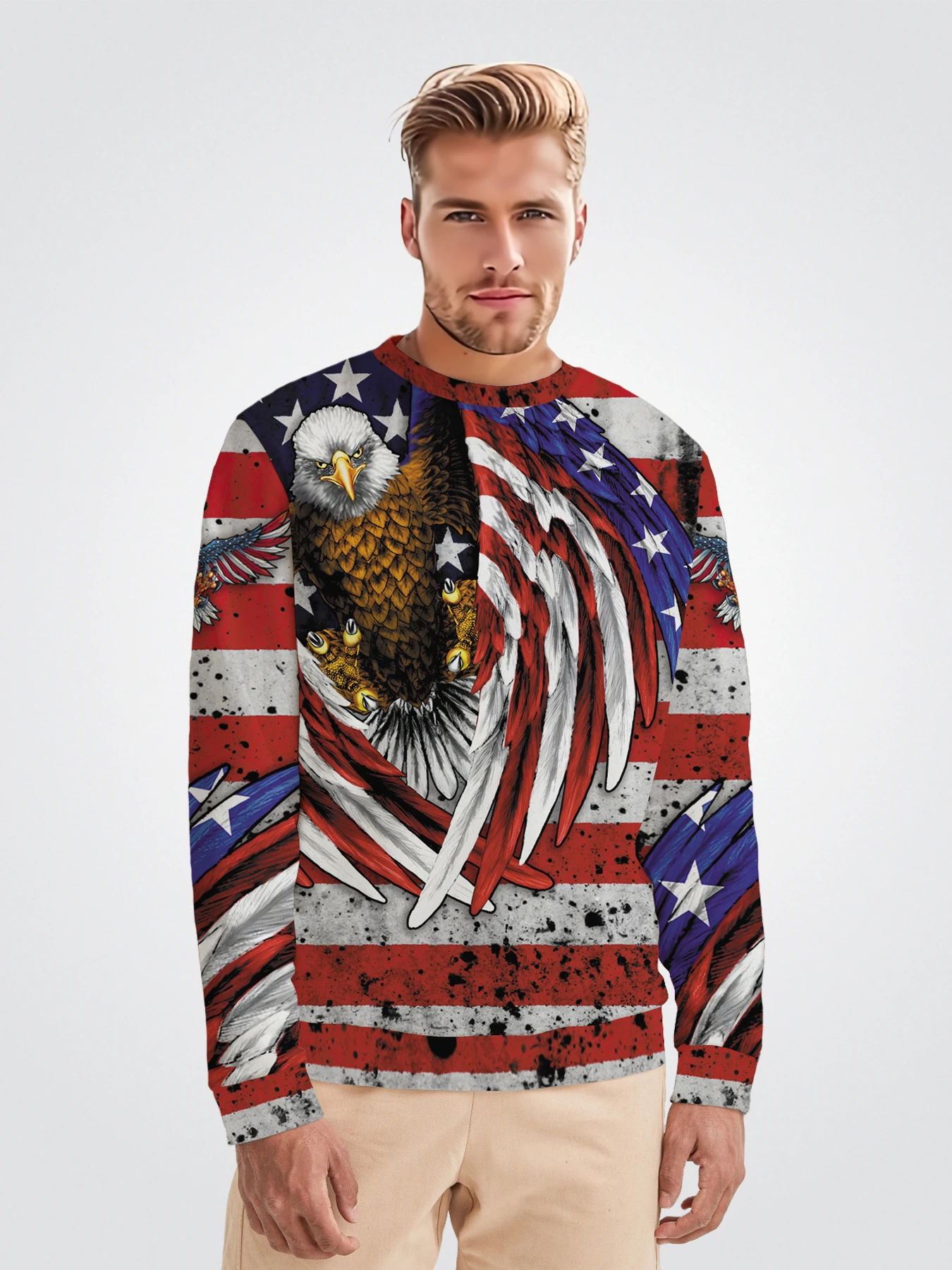 

Eagle 3D Graphic Printed Men's Casual Round-neck Sweatshirt Comfortable Pullover Clothing Spring Autume American Flag Print Tops