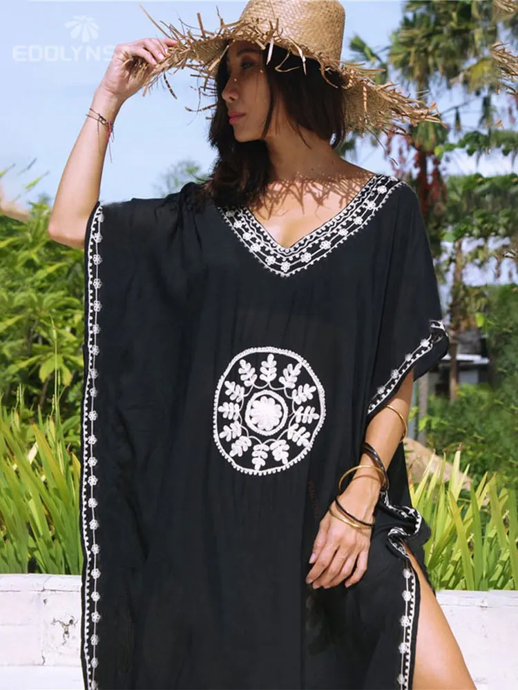 2023 Black Oversize V Neck Moroccan Kaftan Beach Dress Plus Size Women Summer Half Sleeve Side Split Midi Dresses Tunica Q643